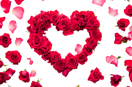 A large heart made of red roses with a white background, a Valentine's Day theme, a pink color scheme, a mood of love and romance,