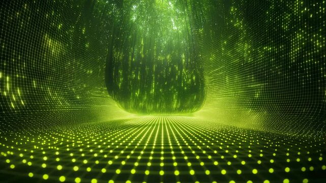 nature conservation concept. A luminous green digital grid forms a tunnel-like scene, blending geometric patterns with a mysterious, glowing atmosphere.