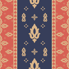 Traditional Thai textile vector pattern with lotus motif in red, navy, and gold tones. Seamless ethnic fabric design for cultural, boho, or decorative projects.