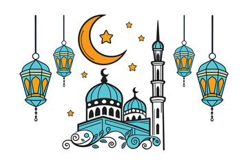Eid Holiday and Ramadan Celebration Vector Illustration with Islamic Elements