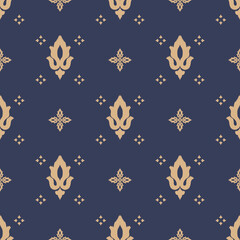 Fototapeta premium Traditional Thai textile vector pattern with lotus motif in red, navy, and gold tones. Seamless ethnic fabric design for cultural, boho, or decorative projects.
