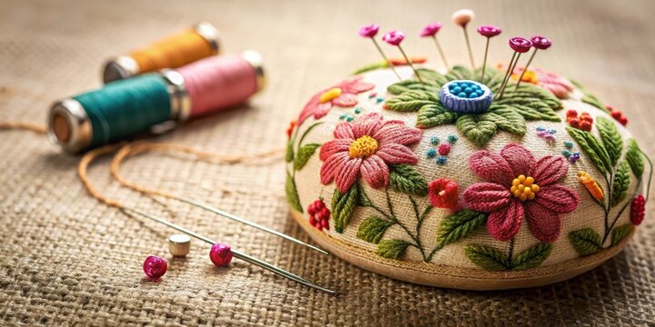 Detailed embroidery on a floral pincushion against a neutral background with loose threads and small sewing needles scattered around , thread, crafting