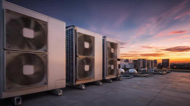 Rows of air conditioning units on a building rooftop at sunset. Industrial cooling system and city view footage.