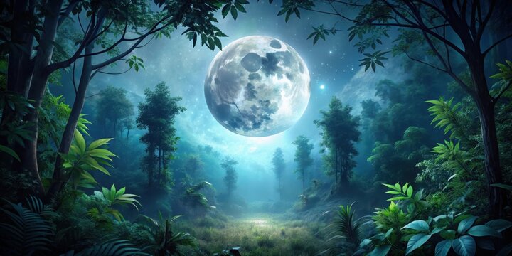Dense foliage under a silver glow of full moon in an eerie forest at night, woods, gloomy,  woods, gloomy, mystical, dark night