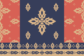 Traditional Thai textile vector pattern with lotus motif in red, navy, and gold tones. Seamless ethnic fabric design for cultural, boho, or decorative projects.