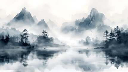 Misty Mountain Lake with Reflections and Pine Trees