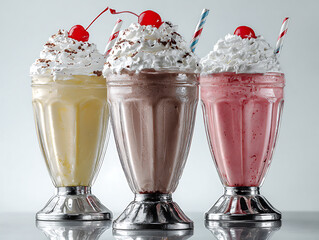 Three delicious milkshakes in glasses.