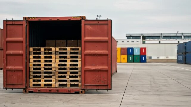 Partially Open Cargo Container with Visible Pallets