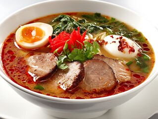 Authentic bowl of delicious Japanese ramen with pork, egg, and toppings