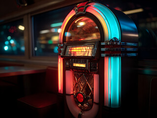 Vibrant jukebox in a retro diner setting.