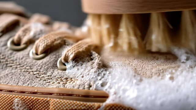 Close up view of a brush cleaning a brown canvas shoe with soap and bubbles. Cleaning footwear concept and maintenance service illustration idea.