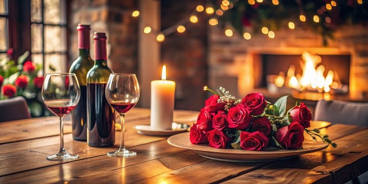 A romantic dinner setup with a bottle of wine and fresh roses on a wooden table in a cozy room, romantic, wine