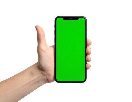 Hand Holding Smartphone Green Screen Transparent Background - Powered by Adobe