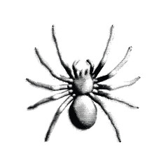 A halftone-style illustration of Halloween element , witch hat , bat, witch hat, spider,  pumpkin, etc.