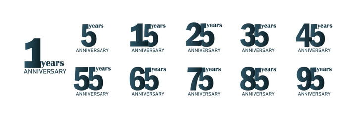 Anniversary Logo Set – 5 to 95 Years Celebration Emblems in Bold Minimalist Vector Design.