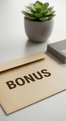 Beige envelope with "BONUS" word printed, on a white surface with succulent plant and business cards, showcasing reward or financial concept
