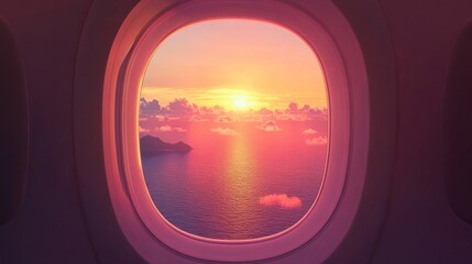 Airplane window view showcasing a breathtaking sunset over the ocean, with vibrant colors reflecting on the water and clouds, creating a serene travel experience