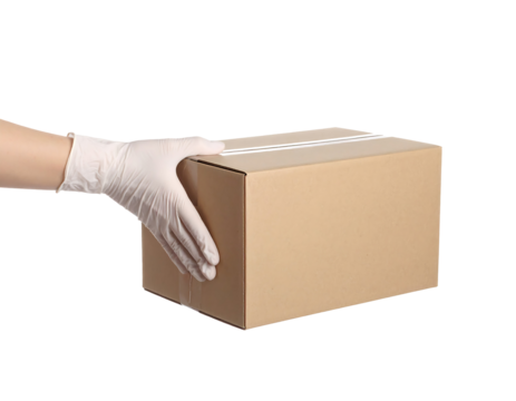 Gloved Hand Delivering Cardboard Package on Transparent Background