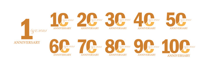 set of anniversary logo style gold color on white background for special moment. Anniversary Vector Logo Pack from 10 to 100 Years.
