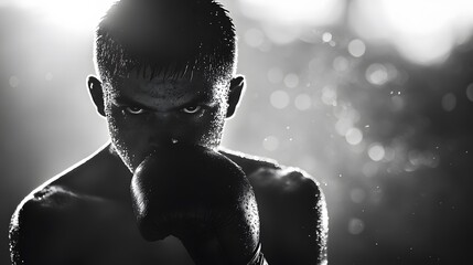Intense focus of a young athlete in a boxing stance.