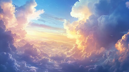Majestic clouds illuminated by golden sunlight create a breathtaking sky view, showcasing vibrant colors and soft textures, evoking a sense of tranquility and wonder in nature's beauty