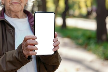Detailed Picture of Senior Woman Holding Smartphone with White Screen