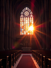 cathedral chancel view with the last rays of sunset blazing through stained glass windows, casting ruby and sapphire light across the empty pews and marble altar