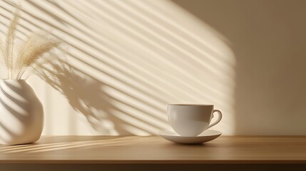 White Cup and Saucer on Table with Plant Shadows on Wall