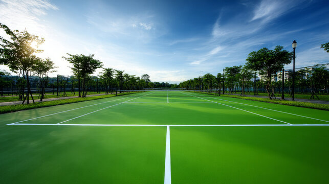 Tennis court is empty in luxury villa complex for sports games, competitions and great time for healthy lifestyle