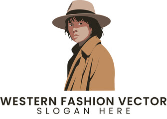 Stylish Woman Western Fashion Vector Illustration hat art tan girl coat flat    