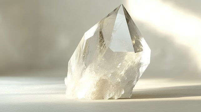 A single leucite crystal with a white to gray color and a vitreous luster. The crystal is trapezohedral in shape, with smooth surfaces and sharp edges. The background is soft