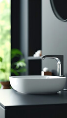 Fototapeta premium Minimalist porcelain bathroom sink with contemporary faucet design for modern interiors with copy space