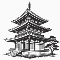 Detailed Vector Illustration of a Japanese Pagoda with Tree.