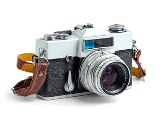 Vintage camera with leather strap and retro design.