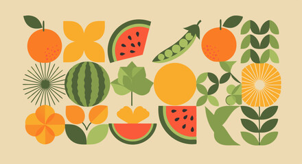 Mid-Century Modern Fruit and Floral Composition.