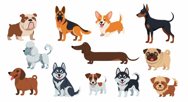 Cartoon illustration of various dog breeds including Bulldog Poodle Husky and Dachshund.