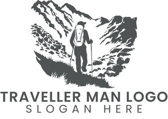 Adventurous Hiker Trekking Majestic Mountain Peaks man logo path grey hill view 