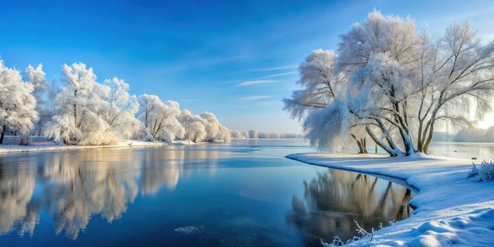 Frosty winter landscape with snow-covered trees and a serene ice border along a frozen lake , frosty, lake,  frosty,lake