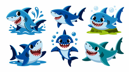 Cute Cartoon Shark Characters in Various Poses.