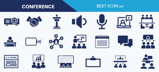 Best conference vector icon set. Podium, audience, chart, presentation, microphone, discussion, seminar etc. icon illustration.