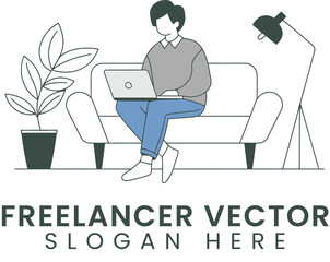 Modern Freelancer Working Remotely on Laptop man art home sofa flat line lamp   
