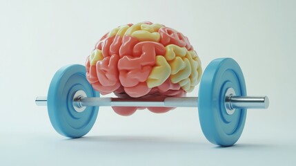 Colorful brain illustration resting on a barbell with blue weights, symbolizing mental strength and fitness, showcasing the connection between physical and mental health