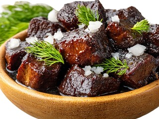 Delicious braised beef cubes garnished with fresh dill and coarse salt in bowl
