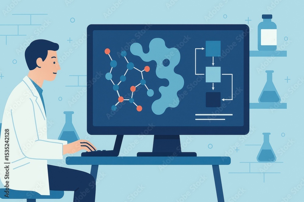 Poster scientist analyzing data on computer in laboratory setting with chemical elements and research tools