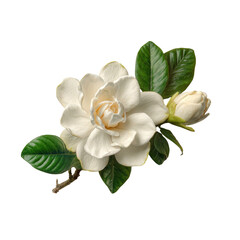 Naklejka premium Elegant White Gardenia Bloom with Bud and Leaves on Transparent Background