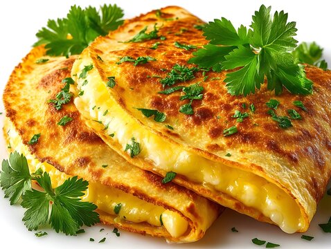 Delicious cheesy quesadillas served with fresh parsley garnish on a white plate