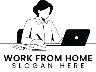 Woman Working Remotely from Home Office Laptop job desk icon logo flat black    