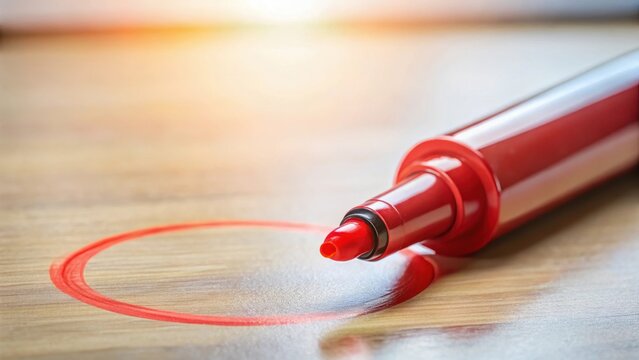 A red circle brush stroke marker highlighter pen is placed on a desk, with a blurred background, red circle brush stroke marker highlighter, office supply