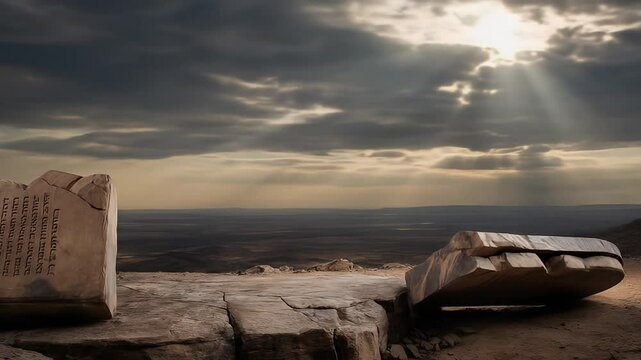Commandments Moses&rsquo; stone tablets placed on a mountaintop under dramatic twilight clouds and divine light