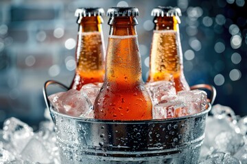 detailed picture of Bottles of tasty drink in metal bucket with ice isolated